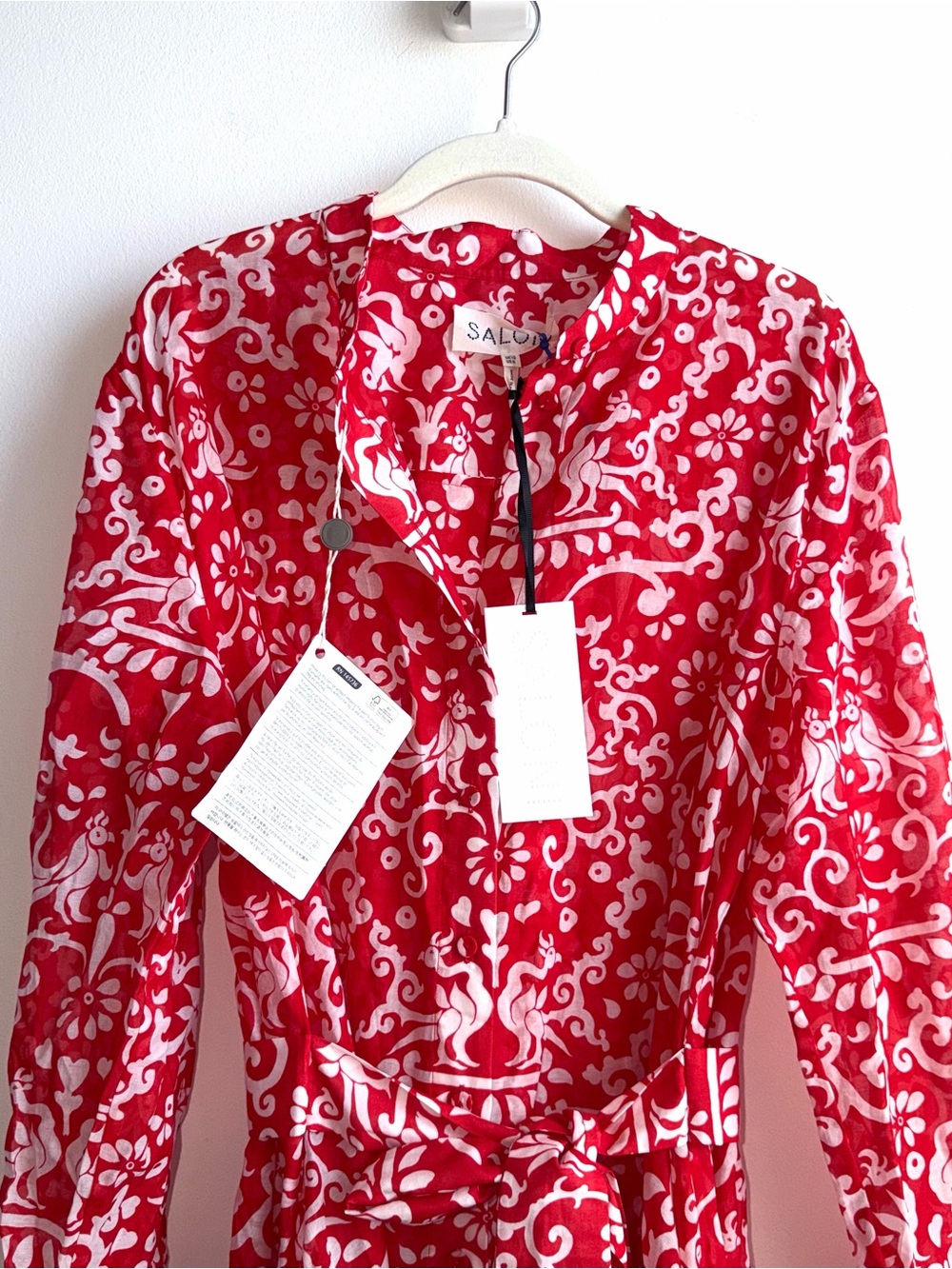 NWT SALONI Inez Floral Maxi Dress Size 8 US Red Cotton Silk Long Sleeve Paisley - Picture 4 of 11
